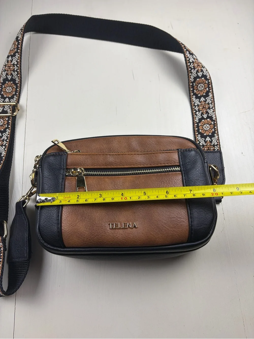 TELENA Two-Tone Brown & Black Crossbody with Patterned Strap